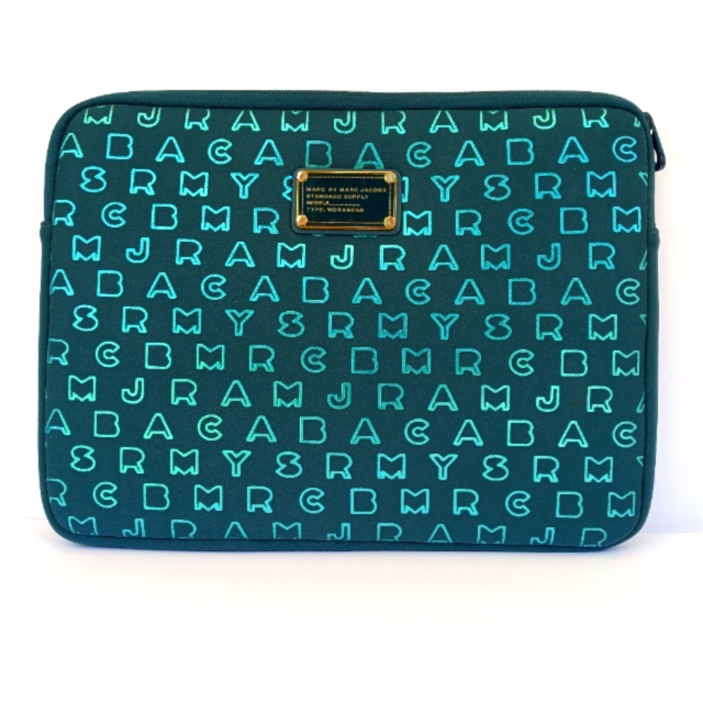 Marc Jacobs Neoprene Laptop Sleeve Teal Metallic Logo Print